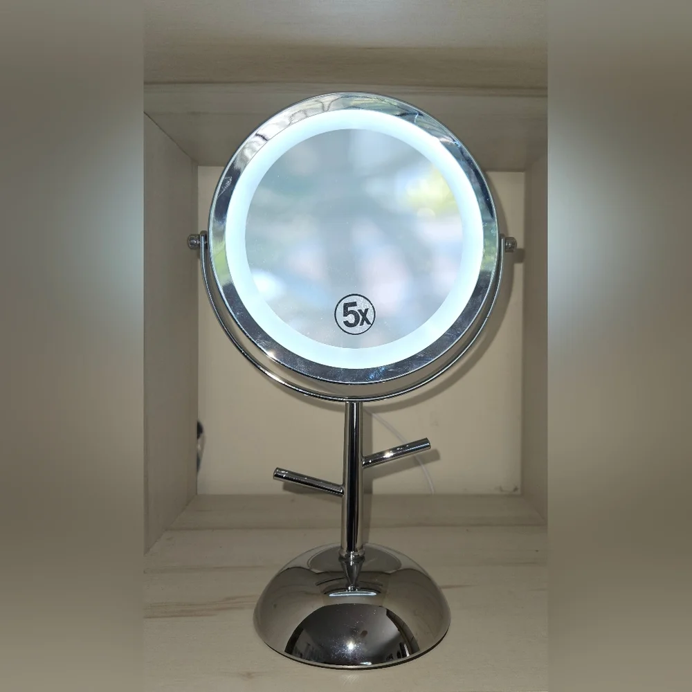LED Illuminated Chrome Vanity Mirror with 5X Magnifying Power